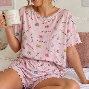 Friends Pajama Set Pink Lounge Shorts Tee Sleepwear Womens M 8-10